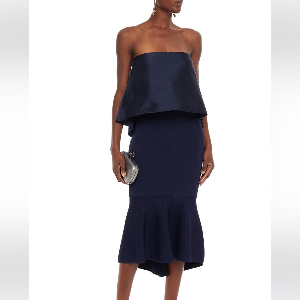 Sachin + Babi Navy Fluted Hem Ribbed Knit Midi Dress Duchesse Satin Overlay NWT